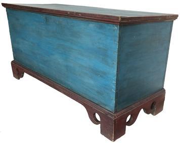 D555 19th century Salisbury Maryland in the original red and blue paint, dovetailed case with applied elaborate cut out base. One board square head nail construction, the interior has a locking glove box. circa 1830