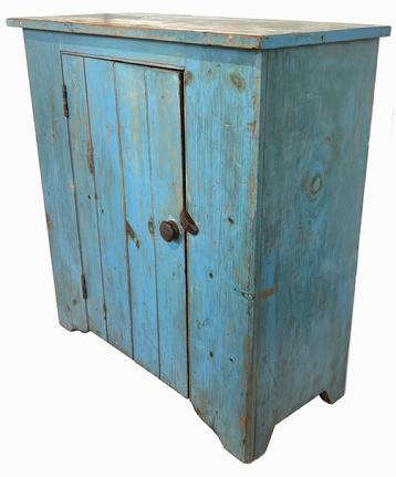 G904 Mid 19th century beautiful Lancaster County, Pennsylvania one door storage cupboard in the original dry, robin egg blue paint with high cut out feet and very clean interior.
