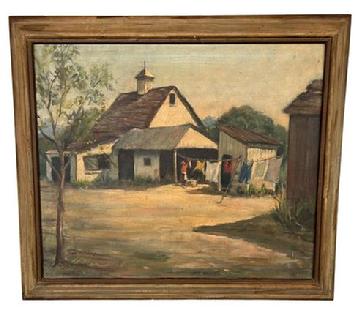 H213 Early 20th century oil on canvas Painting by Sarah Jump of Easton, Maryland. "Monday Morning" depicting a woman hanging laundry on clothesline with a house and barn in the background. Signed in lower left corner.