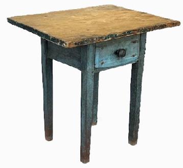 **SOLD** XXXX1 Small sized New England one drawer table bearing original blue painted surface. One-board top with dovetailed drawer boasting chamfered edge drawer front resting on tapered Hepplewhite legs. The apron is mortised and pegged into the legs. Measurements:  23 ½ wide x 18 deep x 23 ¾ tall. 