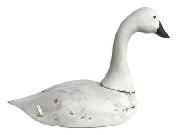 K115 Maryland Swan decoy - bearing second coat of working paint and tack eyes. Unknown carver. Heavy, solid wood - with evidence of water use / damage on bottom. Traces of rig initials (unreadable) painted in black on bottom.  Approximate measurements: ~22 &frac12;� long (from tip of bill to tip of tail) x ~10" wide x ~15 &frac12;� tall. 