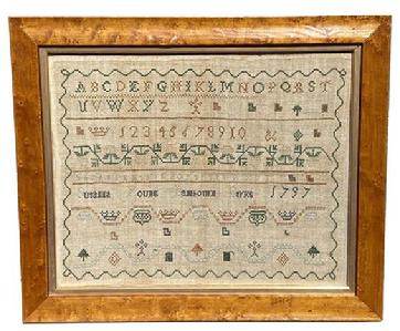 *SOLD* G672 18th century, identified and dated, hand-stitched  band sampler by �Susanna Young, Lambourn Berks 1797� in a beautiful birds-eye maple frame.  Sampler is stitched with what appears to be cotton threads over linen material and boasts blues, browns, tans, green and ecru colors. 