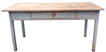 W311 18th Century New England ( New Hampshire)  Work Table-pine wood with original blue paint,  over hanging  scrubbed top, held in place with tee nails,  with a single deep long drawer, tapered legs, circa 1780-1790 Measurements are: 28 3/4" wide x 58 3/4" long x 29" table