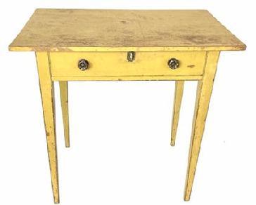 H518 19th century Lancaster County, Pennsylvania one drawer Hepplewhite table in original vibrant yellow painted surface with remnants of black pinstripe decoration. The drawer is dovetailed front and back. Great wear on top