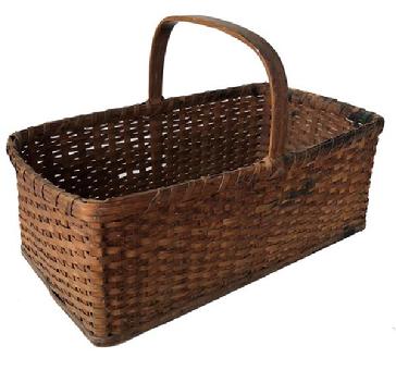 E356 Eastern Shore Maryland early 20th century Basket, wooden bottom Gathering basket. Very unusual form having a solid wooden bottom of pine, single wrapped rim with a few broken pieces. Steamed and bent handle