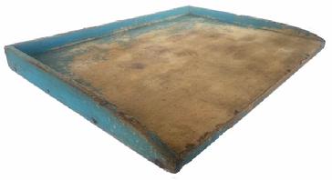 **SOLD** H514 Mid to late 19th century Noodle board. Sometimes referred to as a dough board, these boards were used for multiple purposes such as on a kitchen counter for rolling out dough. A gallery is attached with early wire nails. The gallery as well as the bottom are in original blue paint. Beautiful patina and showing wear to the work surface of the board. Measurements:  25� wide x 18� deep x 2� tall 