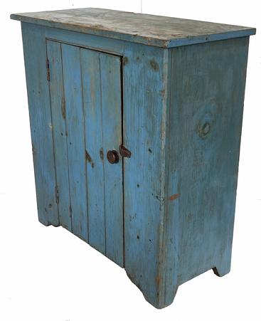 G904 Mid 19th century beautiful Lancaster County, Pennsylvania one door storage cupboard in the original dry, robin egg blue paint with high cut out feet and very clean interior. Measurements are: 36" wide x 36 1/2" tall x 15 1/2' deep