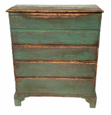 H183 18th century tall Chest over Drawers Circa 1780  carter pin  hinged rectangular lid, above deep well, over three graduated dovetailed   full-length drawers, raised on applied bracket base . Retains beautiful old green - over the original red painted surface. 