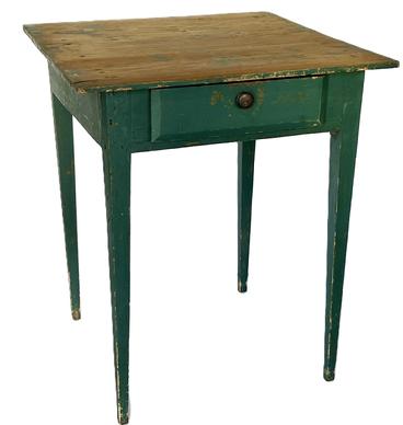 K1709 19th century North Carolina original green painted one drawer table resting on tall, gracefully tapered Hepplewhite legs. The drawer stretchers are mortised through both front and back of the apron. The legs are fully mortised and pegged into the apron. The top is secured with wooden pegs and square head nails. Drawer is mortised / nailed construction. The wood is yellow pine. Circa 1860s. Measurements: 25 ¼ wide x 25 ¼ deep x 30 ¾ tall.  (25" from apron to floor)