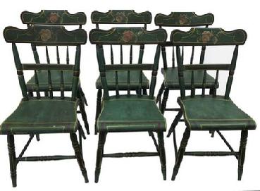 E139 19th century set of beautiful six Pennsylvania 1/2 spindle back plank seat paint decorated chairs ,from Columbia County Pennslyvania 