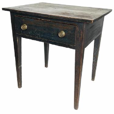 H499 Mint, early to mid 19th century southern pine side table with dovetailed drawer in the original indigo blue painted surface. Apron is mortised into the nicely tapered Hepplewhite legs. Well-constructed with a mortised batten underneath the top. Square nail construction. The wood is yellow (heart) pine. Circa 1840. Probably from North Carolina.   Measurements: 30 1/8� wide x 23� deep x 30 ½� tall. 21 ¾� apron to floor.