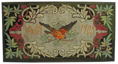 W367 Early 19th century  Floral Hooked Rug with Bird, Dated Feb. 1903,  in excellent condition  professional mounted on frame, Size is 58 1/2 inches long x 31 inches wide.