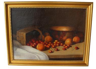 T112  Still life painting of cherries and oranges (or peaches) with a basket and bowl. Painted on canvas, signed by Artist F. Budal. Professionally cleaned and repaired  Measurements: 13" x 18"