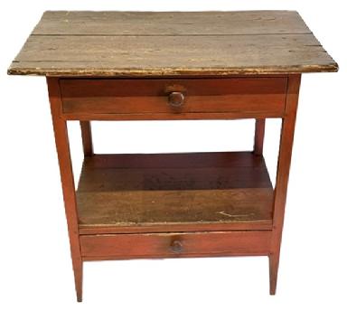 M196 Late 18th century Pennsylvania red-painted worktable with two-board top over a full-sized dovetailed drawer, bearing a shelf and a second full-sized dovetailed drawer below. All original. The wood is pine with rose-head and square head nail construction. Circa 1790s-1800. Measurements: 30 ¼ wide x 20 deep x 29 ½ tall. (Shelf clearance is a scant 12 ¾).