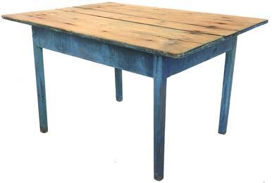 F75 18th Century New England original blue painted farm table with three board scrub top.  The wood is all pine. Rose head nail construction.  Measurements:  47 1/4 wide x 34 1/2 deep x 27 3/4 tall (with floor to apron being 21 1/2 tall)