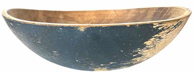 H458 Early 19th century beautiful turned wooden bowl with original blue painted surface. Unusual turned ring at base resting on a small, raised foot that measures 5 ¾� diameter. The distinct wear on each side is indicative of where hands have held/carried this bowl during many years of use. Measurements: Approximately 23� diameter x 7 ¾� tall