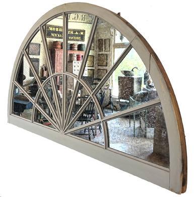 H300 Mid-19th century upcycled Architectural arched dome top window sash with early mirrored back. Weathered surface - retaining original gray paint. A fantastic secondary arched interior molded edge mullion mimics the overall arch. 
