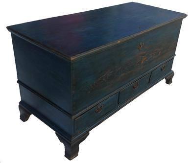 Z377  South East Pennsylvania , ( Paradise ,Pennsylvania ) ,Full Sized ,American Colonial Period ,Chippendale " Dower " Blanket Chest, In Excellent Overall Condition. Finest Robins Egg Blue Dower Chest.. The 3 Drawers have the Original brasses ,and Locks.   All of the Nails are hand Wrought ,and have Blacksmith Hammered Roseheads, right for the Period. The Drawers and Case are all well Dovetailed, and they are Solid and Tight.  ,  The Woods used are Walnut wood on the Till Lid, Pine Wood for the Chest ,and the Secondary wood is Poplar. It measures 54 1/2" across the front x 24" front to back ,and it is 29" high,