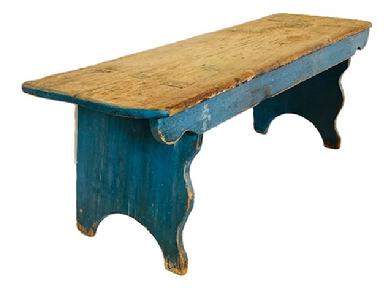 **SOLD** M91 Early 19th century Pennsylvania triple mortised splay leg Bench bearing old blue painted surface featuring rounded front corners on the top, shaped drop apron on one side and shaped splay legs ending in half-moon cut out feet. One board pine, square head nail construction. Measurements: 52 wide x 16 deep x 18 tall.