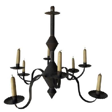 F153 Pennsylvania Hand made tin Chandelier, sign on top J.K.R. by maker it has eight arms and is not electrify bee wax candles are included with Chandler  Measurements are: 29 1/2 diameter x 26" tall