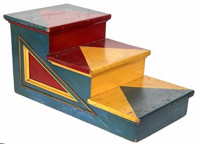 **SOLD** H178 Early 20th century Mid Atlantic vibrant painted Circus steps. Very sturdy wooden three-step form with paneled ends. Retains original polychrome painted surface. Circa 1930. Measurements: 18 1/2" High x 20" Wide x 36 3/4" Deep. From a private collection in Washington D.C. (NOTE � our 4 month old puppy is NOT included!) 