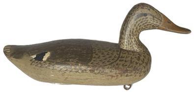 K1538 Branded Hen Decoy carved by James A. "Jim" Currier (1886-1969) Havre de Grace, MD bearing the �O O� brand on bottom. This brand was known as the �Double O� and belonged to the rig of Oliver Nash from Kent Island, Maryland. Original staple, ring and weight remain intact on bottom. 