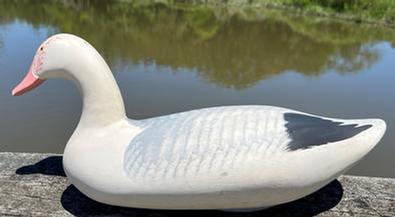 H434 Snow goose decoy signed on bottom: �Made by Capt. Harry Jobes 1981�. Retains original paint with original weight and rigging on bottom.