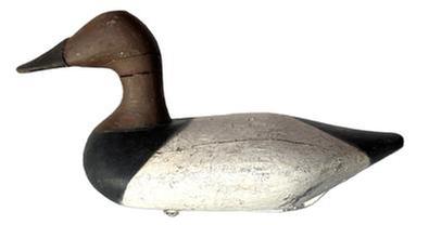 K143 High head Canvasback Drake Decoy by Havre de Grace, Maryland carver Bob McGaw (1879-1958).  Original staple, ring, and weight intact on bottom. Surface bears multiple layers of old working paint with original painted surface showing in some areas. 