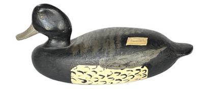 K320 Hand carved wooden Scaup decoy from Crisfield, Maryland. Carver unknown. Original flat hand-hammered weight intact on bottom. 