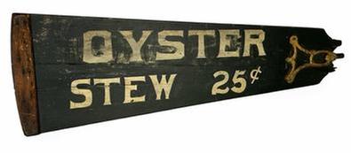 J41 Early 20th century double sided Restaurant Advertising Trade Sign painted on a wooden fan blade. One side reads �OYSTER STEW 25c� and the reverse side reads �PORK & BEANS�. Great hand-painted stenciled lettering on a black painted background. Original early metal fan bracket/hardware remains intact on one end and an early applied wooden batten remains intact on larger end. Tight cracks in wood. Circa 1900-1910. Approximate measurements: 28 5/8� wide and tapers from 3� tall to 8 5/8� tall. 