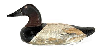 L168 Canvasback Drake decoy carved by John Glenn (1876-1954) of Rock Hall, Maryland. Original weight, staple and ring intact on bottom. John Glenn was both a waterman and farmer for most of his life. He started carving in 1916 and continued through the early 1930's.