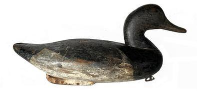 **SOLD** RM1510 Bluebill Decoy carved by James Holly (1855-1935) of Havre De Grace Maryland. Second coat of working paint with areas of original paint showing through. Original staple, ring and iron keel weight intact on bottom. NOTE: James Holly was the youngest son of John "Daddy� Holly, Sr. and was a boat builder and craftsman by trade. 
