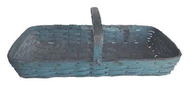 **SOLD** M297 19th century Pennsylvania hand woven splint Gathering Basket in original blue painted surface. Very sturdy basket with shallow sides and a double steamed and bent rimmed opening with a 1 1/8� wide steamed and bent handle secured with tiny tacks and a tin �T� bracket on each side of the handle-basket junction for added support. The slats used for the bottom are 1 &frac12;�-1 &frac34;� wide. Very minor losses � commensurate with age and use. Measurements: 25 &frac12;� x 13 &frac12;� x  3 &frac12;�-4� tall sides, depending on where measured. ~8� tall at handle. 