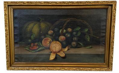 CM3 Wonderful 19th century signed and dated framed still life oil on canvas depicting a basket turned on its side that is full of plums, some strawberries lying on a bed of leaves, peaches, a partially peeled orange and a large pumpkin/gourd in the background. Signature and date in lower right hand side reads: �C. S. Marshall 1893�