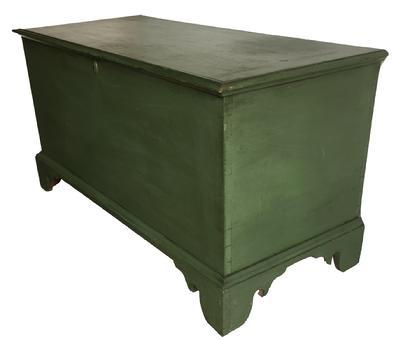 D367 Late 18th century Pennsylvania Blanket Chest, circa 1780- 1810 in old moss green over the original blue, dovetailed case with an applied bracket base 