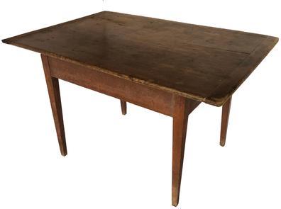 D529 Late 18th century Newbury port, Essex County, Massachusetts Tavern Table, dry original red paint, one board top 29" wide, with mortised and pin bread board ends which is pegged on