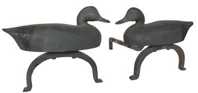 E222 1925-1930'S. ORIGINAL PAIR OF DECOY ANDIORS THEY ARE BOTH VERY WELL SIGNED/MARKED RICHARD F.H. CLANCEY SOUTH ST. NEEDHAM, MA. (MASSACHUSETTS). MANY OF RICHARD CLANCEY'S CAST IRON WORK IS SIMPLY MARKED R.F.H. CLANCEY BUT THIS PAIR OF ANDIRONS HAPPENS TO HAVE IS 1ST NAME RATHER THAN JUST HIS INITIALS. They are cast iron pair of Decoy Andirons each decoy embossed on reverse