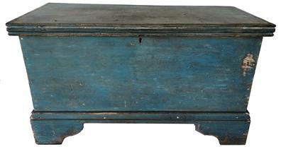 E478 Mid 19th Century Eastern Shore, MD blanket chest. All square nail construction with a really nice applied bracket base and molded lid in early blue paint. The primary wood is poplar. Circa 1850�s. 