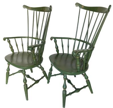 E63 Pair of matching fan back windsor arm chairs, stamped Nichols & Stone. In the original green paint with gold stenciling from Gardner Massachusetts.