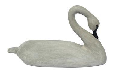L452 Late 20th century Dorchester County, Maryland hand carved full sized wooden Swan Decoy with paddle tail and gracefully curved neck. Solid wood with glass eyes and original painted surface. Approximate measurements: 31 long x ~17 tall.