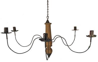 F277 An American Colonial turned wood and wire chandelier with 5 candles, wooden turned center post mustard painted finish. Unelectrified. 14 1/2 x 30"