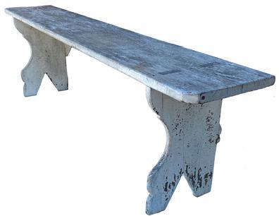 **SOLD** F505 19th century Pennsylvania Wash Bench, old oyster white paint, this bench is double mortised the feet are beautifully scalloped and affixed to the top by way of a two mortise. diagonal braces are dovetailed on the back side and also nailed. Circa 1850