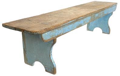 **SOLD** G178 Beautiful Lancaster Pennsylvania double mortised Bench, in the original robin egg blue paint. shaped ends, with a high arched cut out foot, the legs are double mortised through the top one board, circa 1820