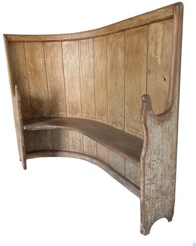 G440 Extraordinary 18th century original mustard painted pine barrel back hook shaped settle / settee in untouched condition. Beaded back boards, carved lollipop arms and half-moon cut out feet on the ends. Rosehead nail construction. Great wear. Measurements: 64" wide x 56" tall x 11 1/2" deep
