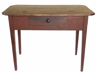G643 19th century Shenandoah Valley, Virginia dry red painted yellow pine work table with three board rectangular scrub top with clipped corners, over one dovetailed drawer on nicely tapered legs. 