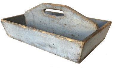 G671 Late 19th century New England sturdy wooden carrier in original gray paint. Slightly canted sides. Combination of square head and round nail construction. Pine wood. Nice wear and patina throughout. Circa 1870 - 1880�s