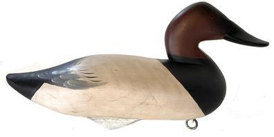 H92 Canvasback Decoy carved by Charlie Joiner (1921-2015) of Chestertown, MD. Original paint and retains original iron weight and ring on bottom. Circa mid 1960s.