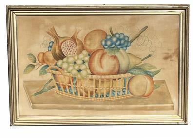 H947 19th century Folk Art hand-painted Theorem on velvet � signed by artist � �GINA�.  Theorem features a still life of an open weave oval basket containing a beautifully arranged abundance of fruits with accents of tendrils and leaves. The various well-positioned fruits include a pomegranate, pear, lemon, and peaches. Beautiful use of colors and shading adds to the visual appeal. Nicely framed in what appears to be the original frame, however not the original backing. Writing on back indicates this was from the private collection of �Mr. and Mrs. Donald K. Hamblett, Owners � 60 Miles St., Millbury, Mass. 01527�. Framed measurements: 28 ¼� wide x 19� tall x 1 ¼� deep. Viewing area is 25 3/8� wide x 16� tall