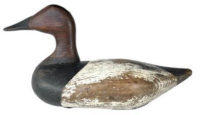 K124 High head Canvasback Drake decoy carved by Robert "Bob" McGaw (1879-1958) of Havre de Grace, Maryland boasting the worn, original painted surface.  Original staple, ring, and weight intact on bottom.   