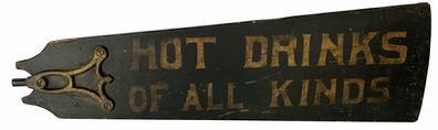 J42 Early 20th century double sided Restaurant Advertising Trade Sign painted on a wooden fan blade. One side reads HOT DRINKS OF ALL KINDS and the reverse side reads PORK & BEANS. Great hand-painted stenciled lettering on a black painted background. Original early metal fan bracket/hardware remains intact on one end and an early applied wooden batten remains intact on larger end. Tight cracks in wood. Circa 1900-1910.   Approximate measurements: 28 5/8 wide and tapers from 3 tall to 8 5/8 tall.